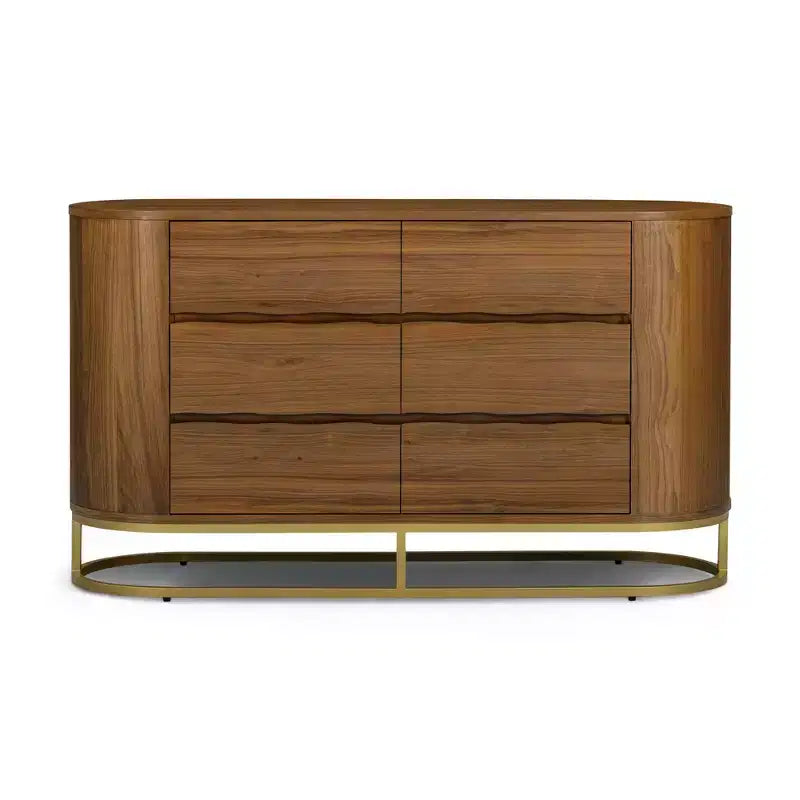 Commode moderne à 6 tiroirs avec bord naturel, piètement en métal et structure durable en bois mixte