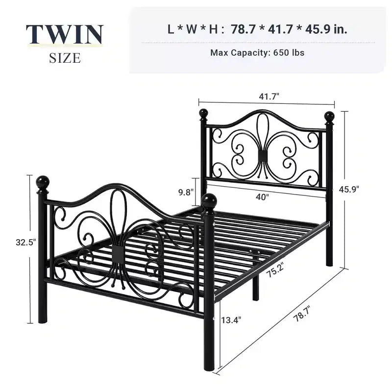 Metalen kinderbedframe met vlinderhoofdbord en -voetbord, geen bedbodem nodig
