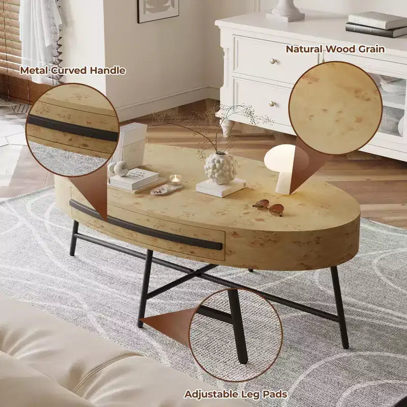 Ovaler Couchtisch mit Schublade, Mid-Century-Modern-Beistelltisch, 47.2, Couchtisch aus Holz mit Stauraum und gekreuzten Metallbeinen, geschwungenes Design