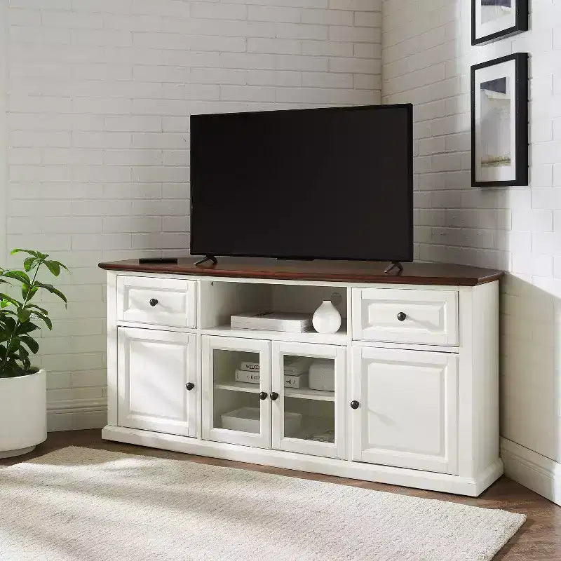 Meuble TV d’angle blanc pour téléviseurs jusqu’à 65, portes en verre biseauté, montage par une seule personne