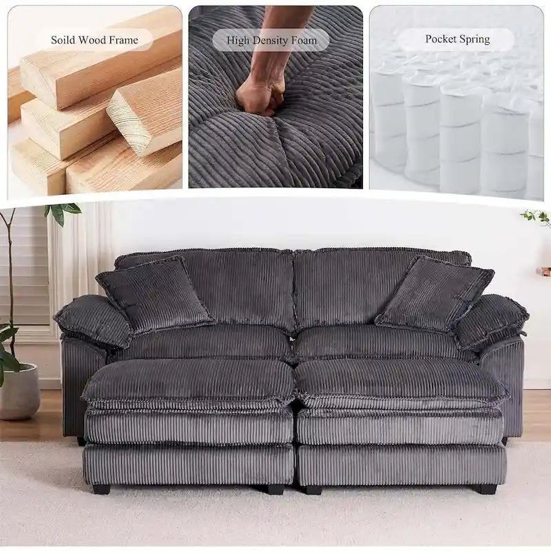 Modernes 2-Sitzer-Cordsofa mit 4 Stützkissen und 2 Hockern