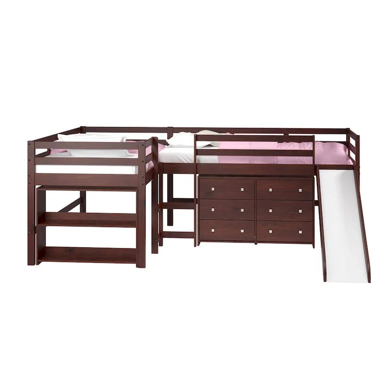 Ensemble de chambre mezzanine avec lits superposés doubles et toboggan en L, finition cappuccino foncé