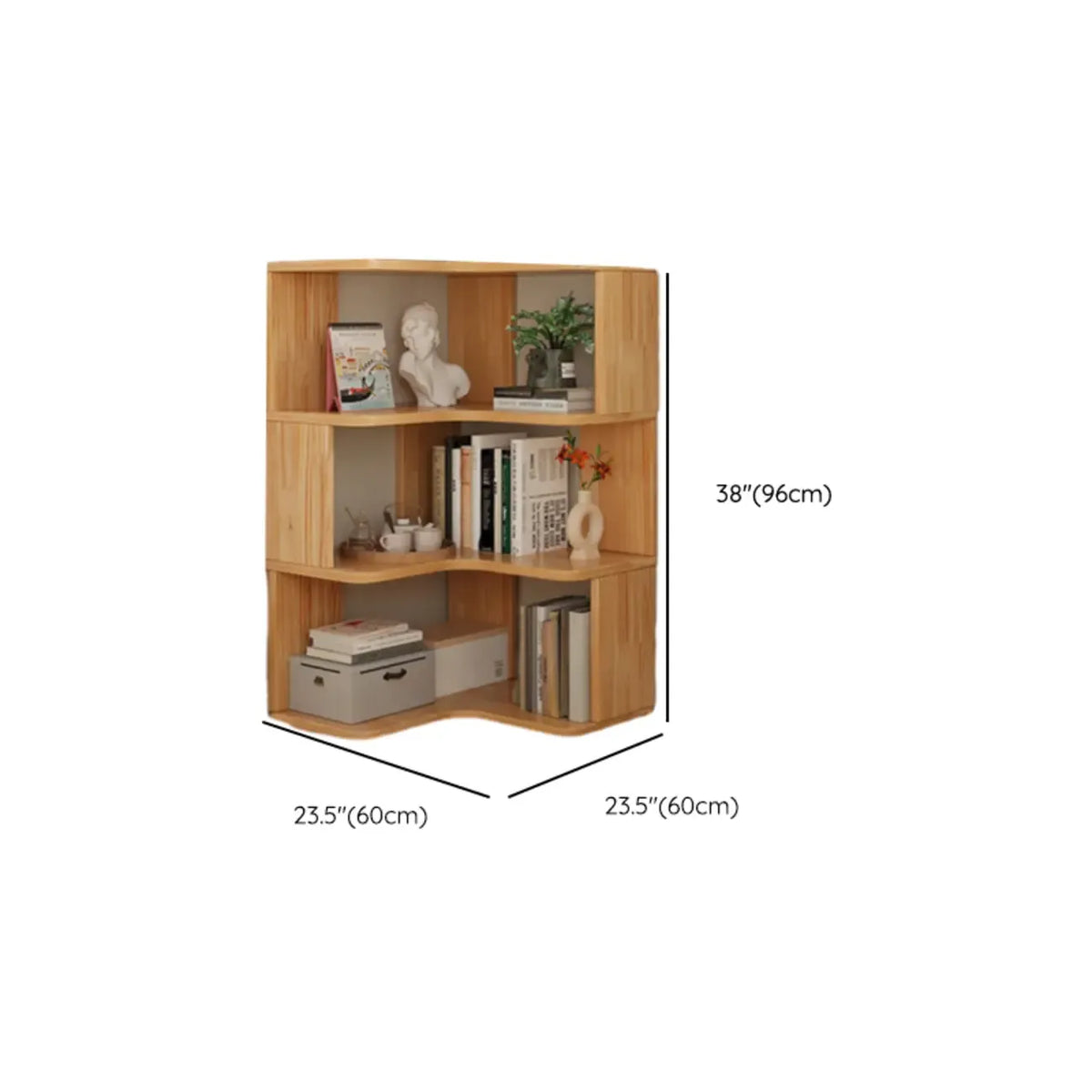 Bücherregal aus vertikalem Holz in L-Form mit offener Rückseite und natürlicher Oberfläche