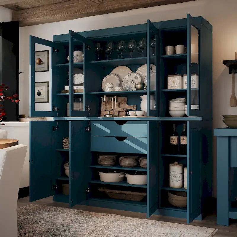 Credenza dispensa da cucina in legno massello al 100%, con ante in vetro o legno massello e kit con 2 cassetti, 65 x 71.5