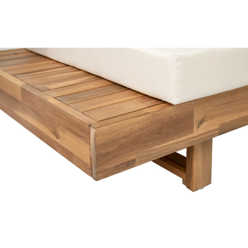 LSet di divani componibili angolari per patio con tavolo, chaise longue da esterno in legno, set conversazione da 4 pezzi