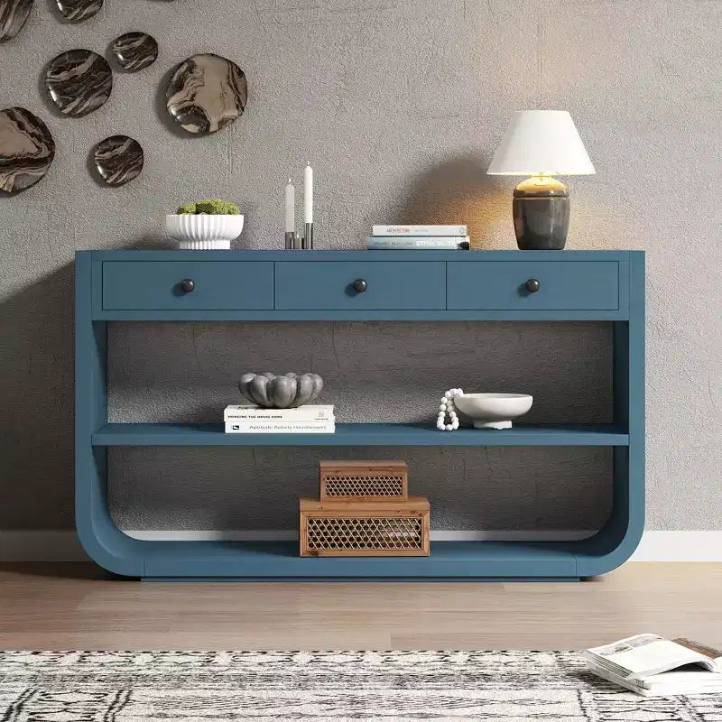 Tavolo consolle curvo ModernLuxe, tavolo d'ingresso, tavolino laterale per divano, espositore, tavolino d'accento con 3 cassetti a chiusura ammortizzata e 2 ripiani aperti