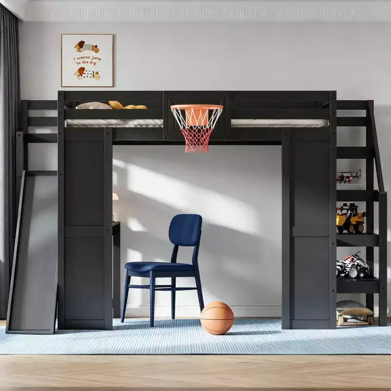 Lit mezzanine complet en bois Luxystar avec bureau, toboggan, panier de basket et escalier de rangement pour enfants et adolescents