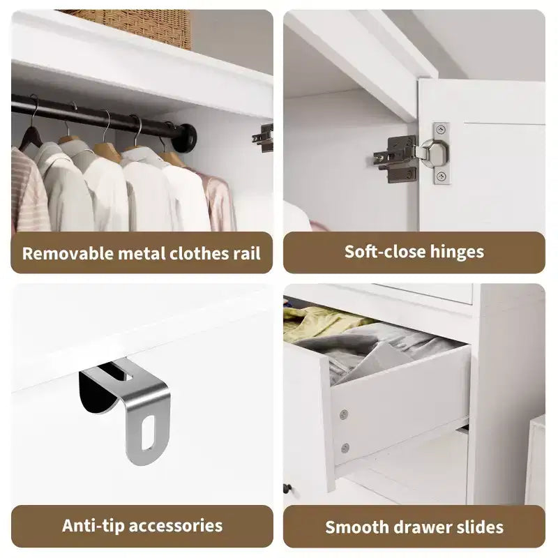 Armoire COZONY avec 3 tiroirs et 2 portes, armoire moderne en bois pour chambre, armoire blanche autoportante robuste