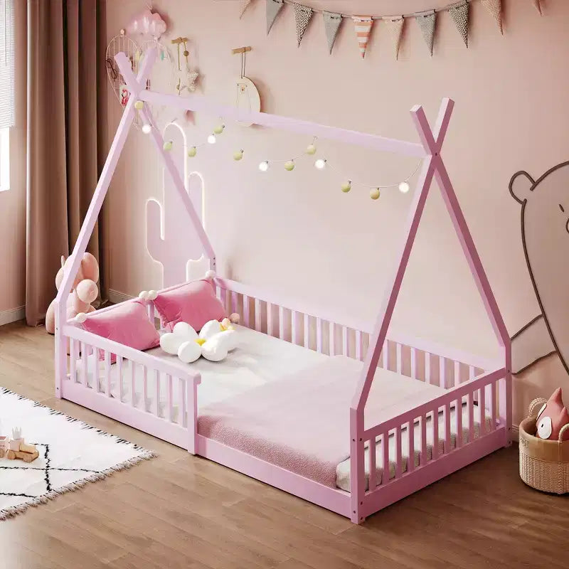 Vloerbed voor kinderen, tentbedden in eenpersoonsformaat, Montessori-vloerbed met latten en hekwerk, houten huisbedframe voor jongens en meisjes