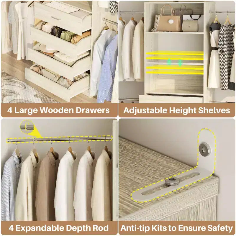 Système d'aménagement de dressing en bois Besiost de 4 à 9 pi avec 4 tiroirs, 4 tringles et des colonnes d'étagères