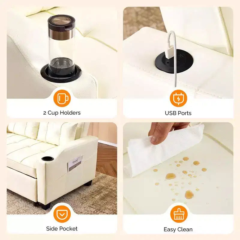 Gepolsterte, umwandelbare Schlafcouch mit Relaxfunktion aus Cat's-Claw-Leder, Kissen inklusive, für kleine Räume