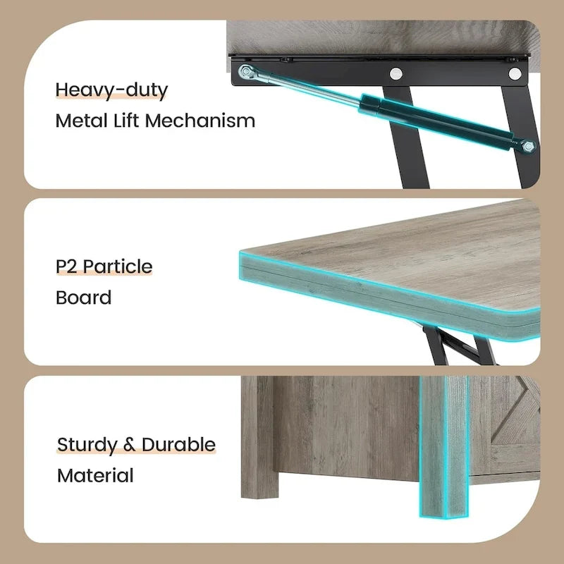 Table basse relevable avec 2 portes coulissantes de style grange, rangement et table à manger