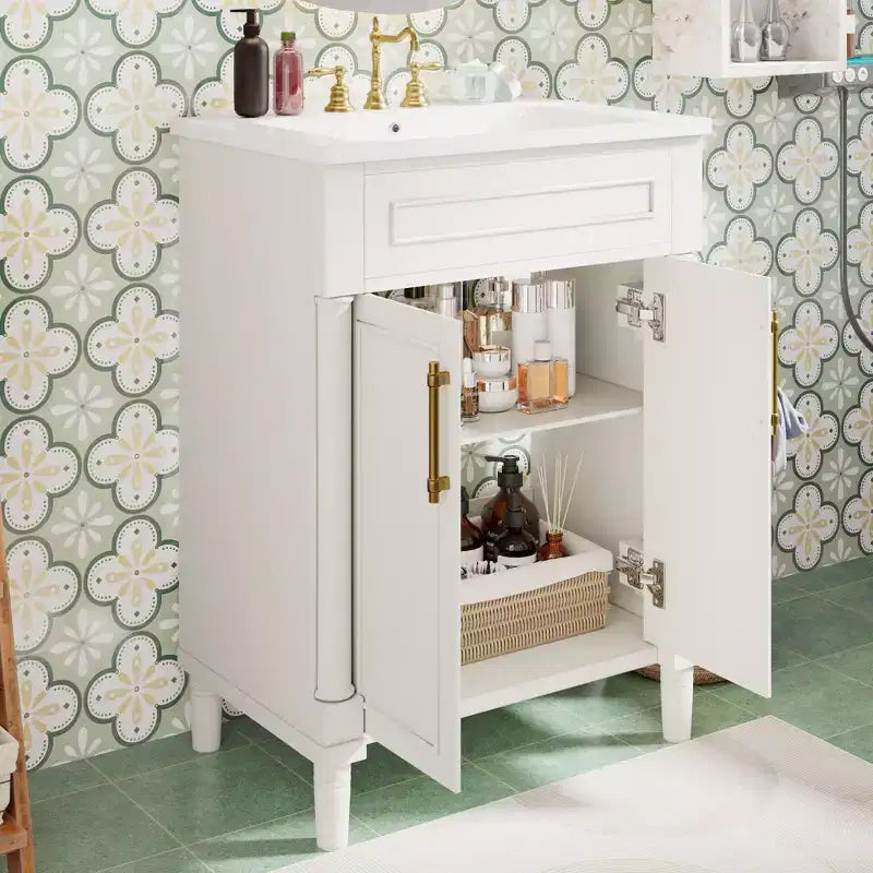 Meuble-lavabo de salle de bains 24 avec lavabo en céramique, meuble de style Shaker, 2 portes à fermeture amortie, structure en bois massif pour petite salle de bains ou salle d'eau