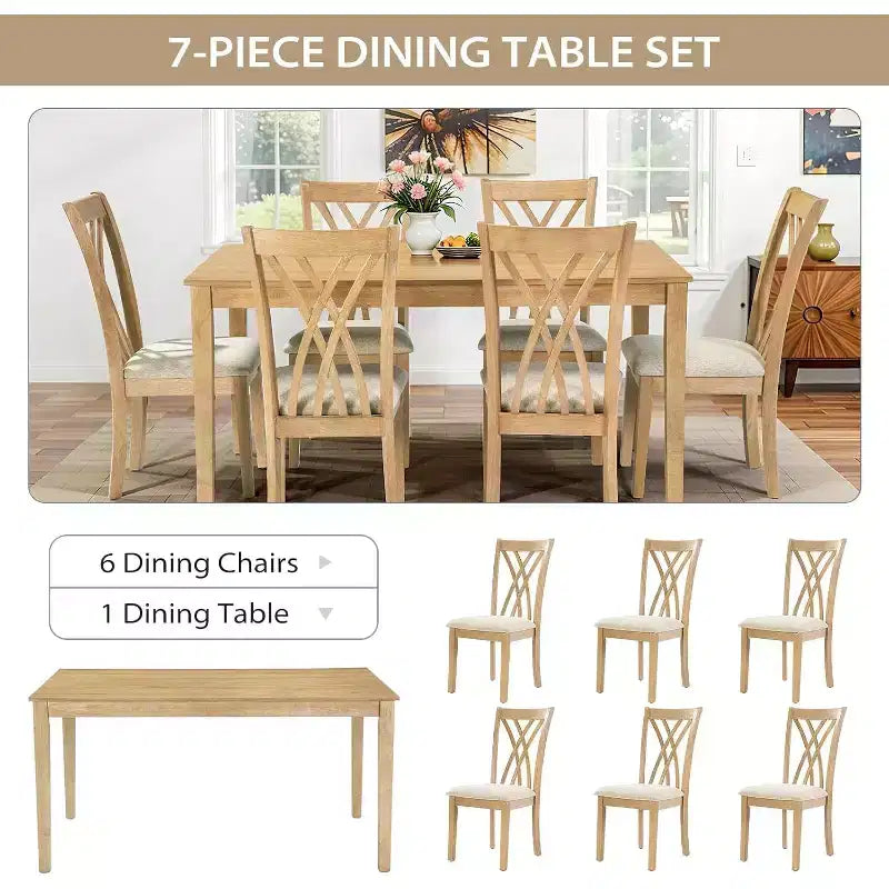 Set da pranzo Zevemomo da 7 pezzi in legno massello con 6 sedie imbottite, set tavolo e sedie salvaspazio, per sala da pranzo e cucina, colore legno naturale