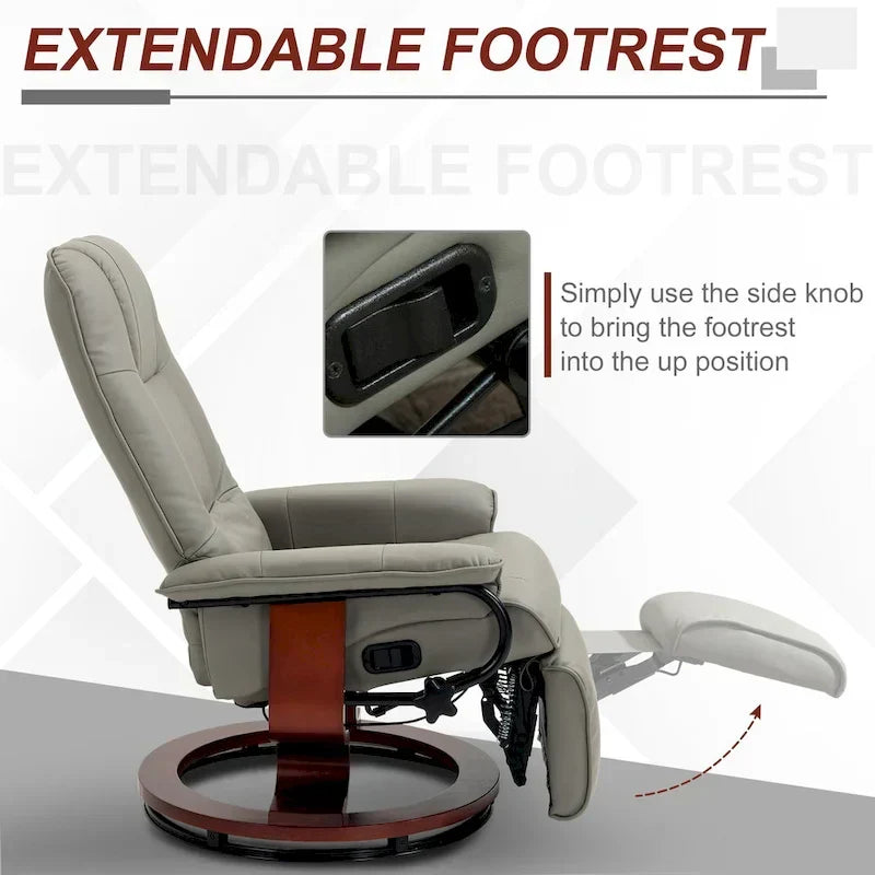 HomCom verstelbare handmatige relaxfauteuil van imitatieleer met draaivoet en comfortabele, ontspannende voetensteun