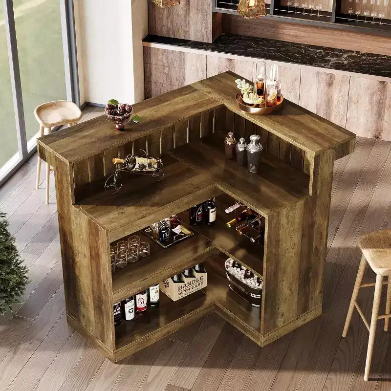 Bancone bar angolare a L Lantine per la casa, mobile da bar ad angolo a 4 ripiani con mensole e portabicchieri da vino per pub domestico