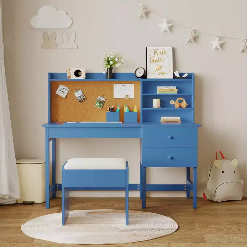 Schreibtisch- und Stuhlset für Kinder, hölzerner Lerntisch mit verstellbarer, neigbarer Tischplatte, Schubladen und Korktafel - Lernschreibtisch-Set für Kinder