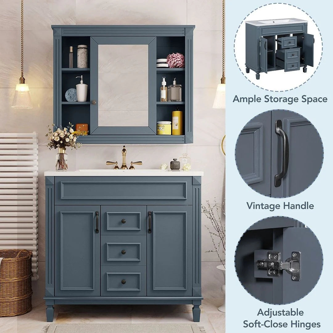 36'' Modern Bathroom Vanity with Top Sink and Mirror Cabinet,2 Doors and 2 Drawers