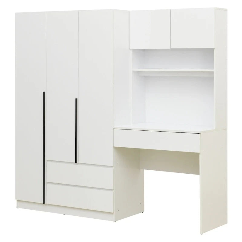 Armoire 3-en-1 avec coiffeuse et bureau, armoire de chambre avec 2 tiroirs et 3 portes de rangement