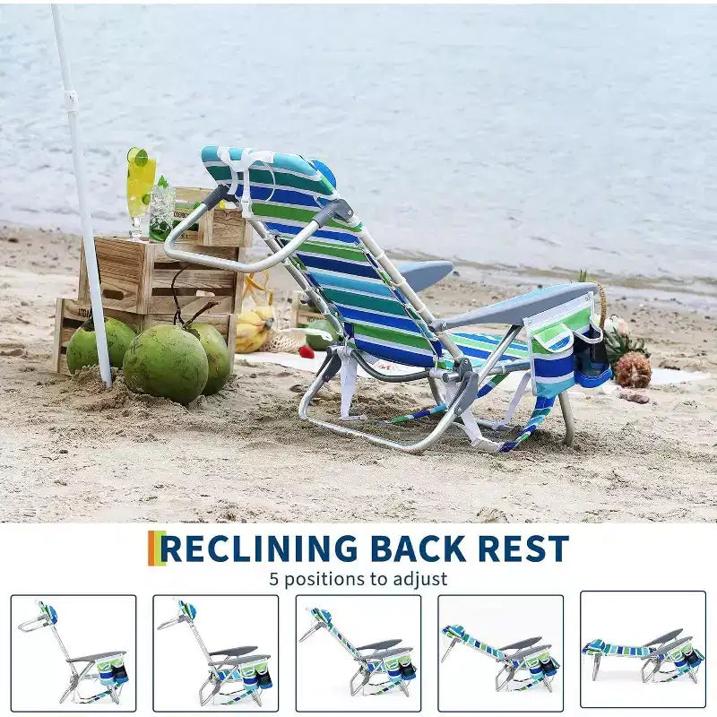 Set di 2 sedie da spiaggia leggere a zaino Acekool, reclinabili e pieghevoli in 5 posizioni, per adulti, con cinghie, portabicchiere e barra portasciugamano, supportano fino a 300 lbs