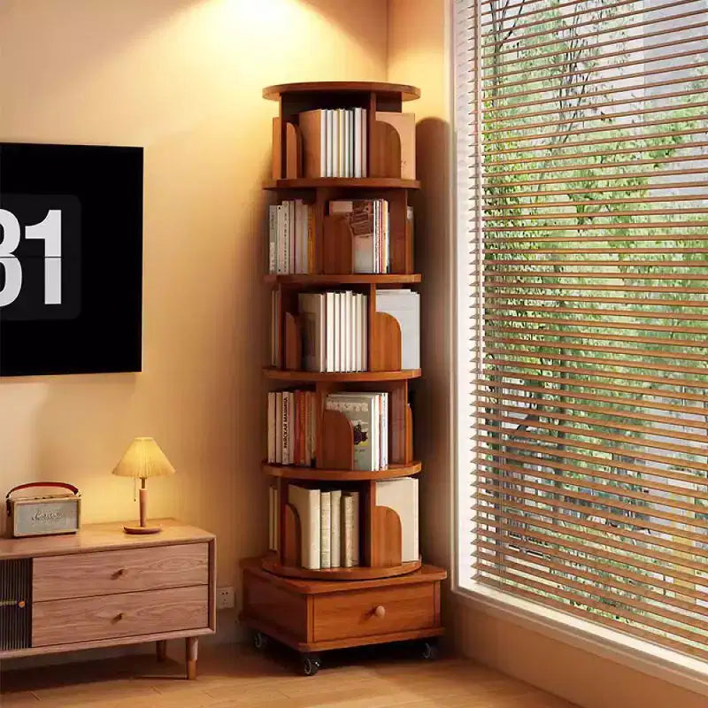 Libreria angolare girevole a 360° Chic Crate a 6 ripiani con ruote, libreria stretta per spazi ridotti, marrone noce
