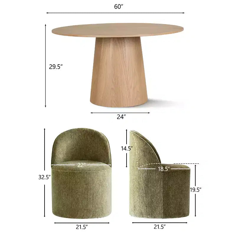 Moderne eethoek voor 6 personen, ronde eettafel met centrale voet, draaibare kuipstoelen op wieltjes, chenillestof met structuur - Panipeachy