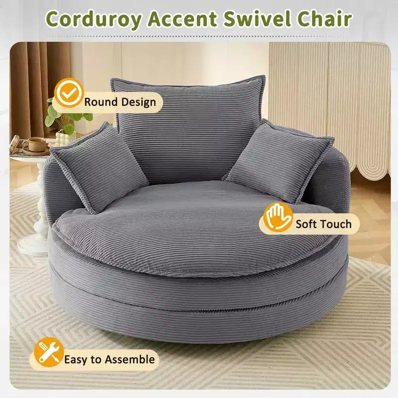 Fauteuil d’appoint pivotant à 360°, fauteuil tonneau rond pivotant avec coussin pour le salon