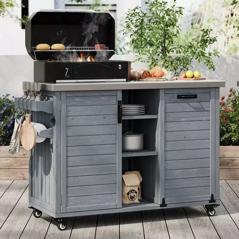 Outdoor-Kücheninsel mit klappbarem Beistelltisch, Grillwagen für draußen mit Edelstahlplatte, verstecktem Müllschrank für Rasen und Garten