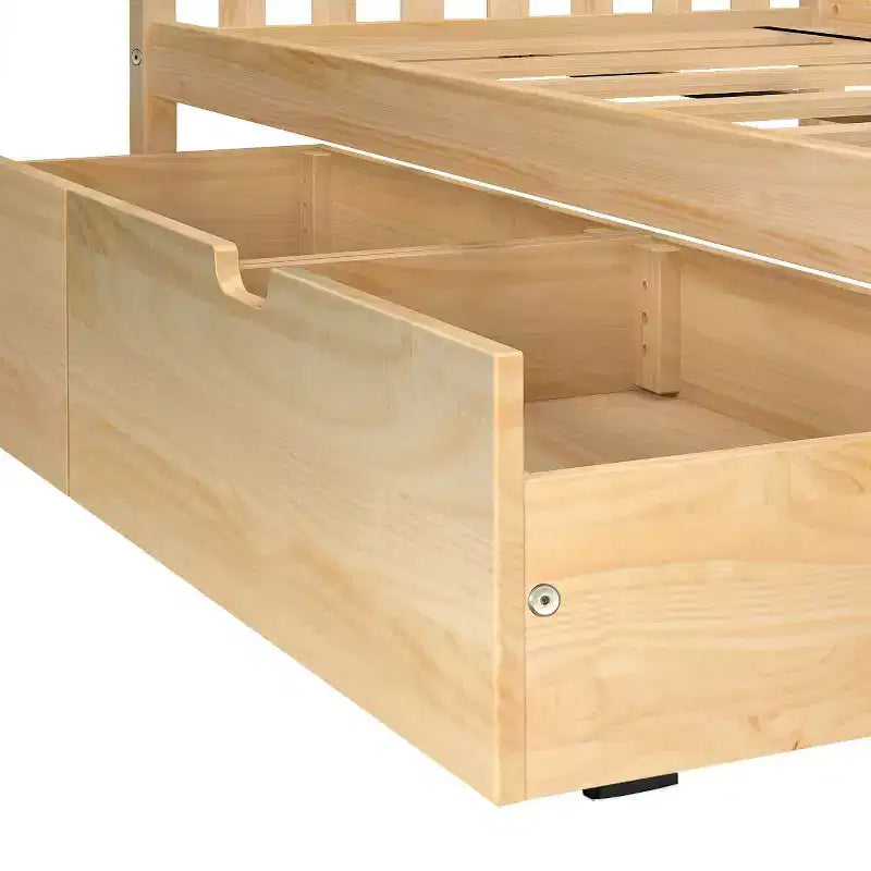 Letto a castello in legno massello per bambini, con due letti singoli sovrapposti e cassetti contenitori sotto il letto