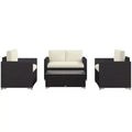 4-teiliges Rattan-Sofaset, Patio-Sofaset aus Korbgeflecht mit Zweisitzersofa, Sesseln und Couchtisch mit Glasplatte für den Garten und Außenbereich