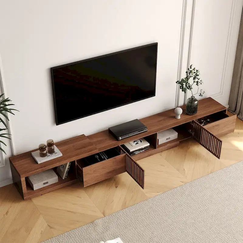 Meuble TV moderne rétractable et extensible avec 4 tiroirs, jusqu’à 103 pouces - 78.54D x 15.74W x 13.78H