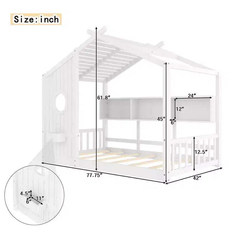 Bodenbett in Hausform für Kinder, Montessori-Spielhausbett mit Ablagefach und Dachdesign
