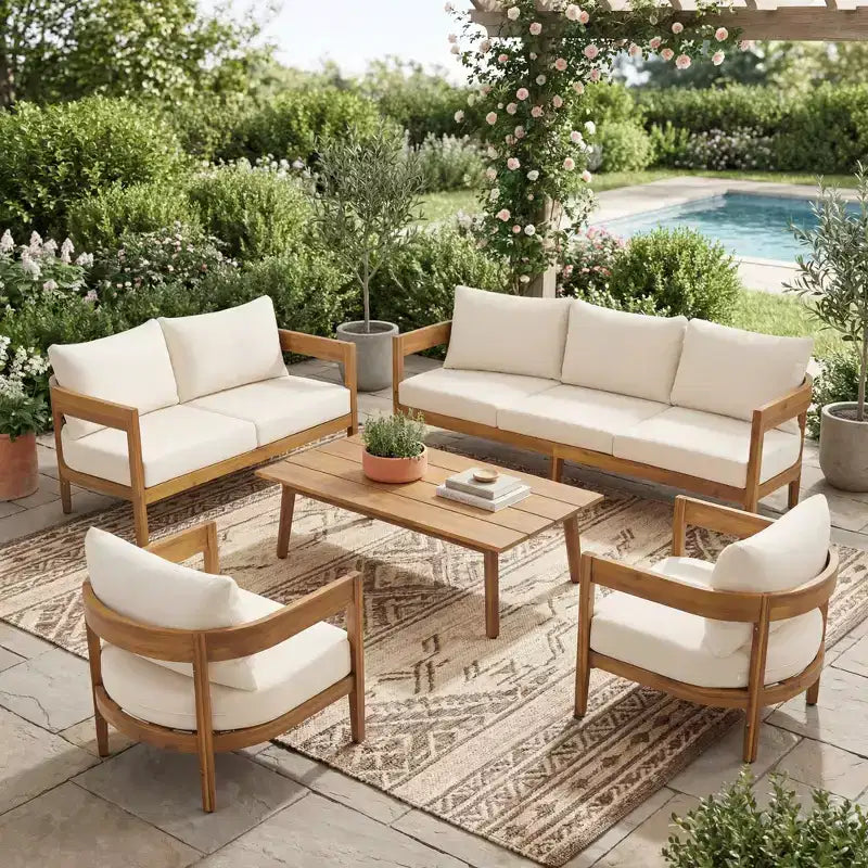 Set da conversazione da patio Christopher Knight Home Safira, 5 pezzi, in legno rustico di acacia con cuscini spessi