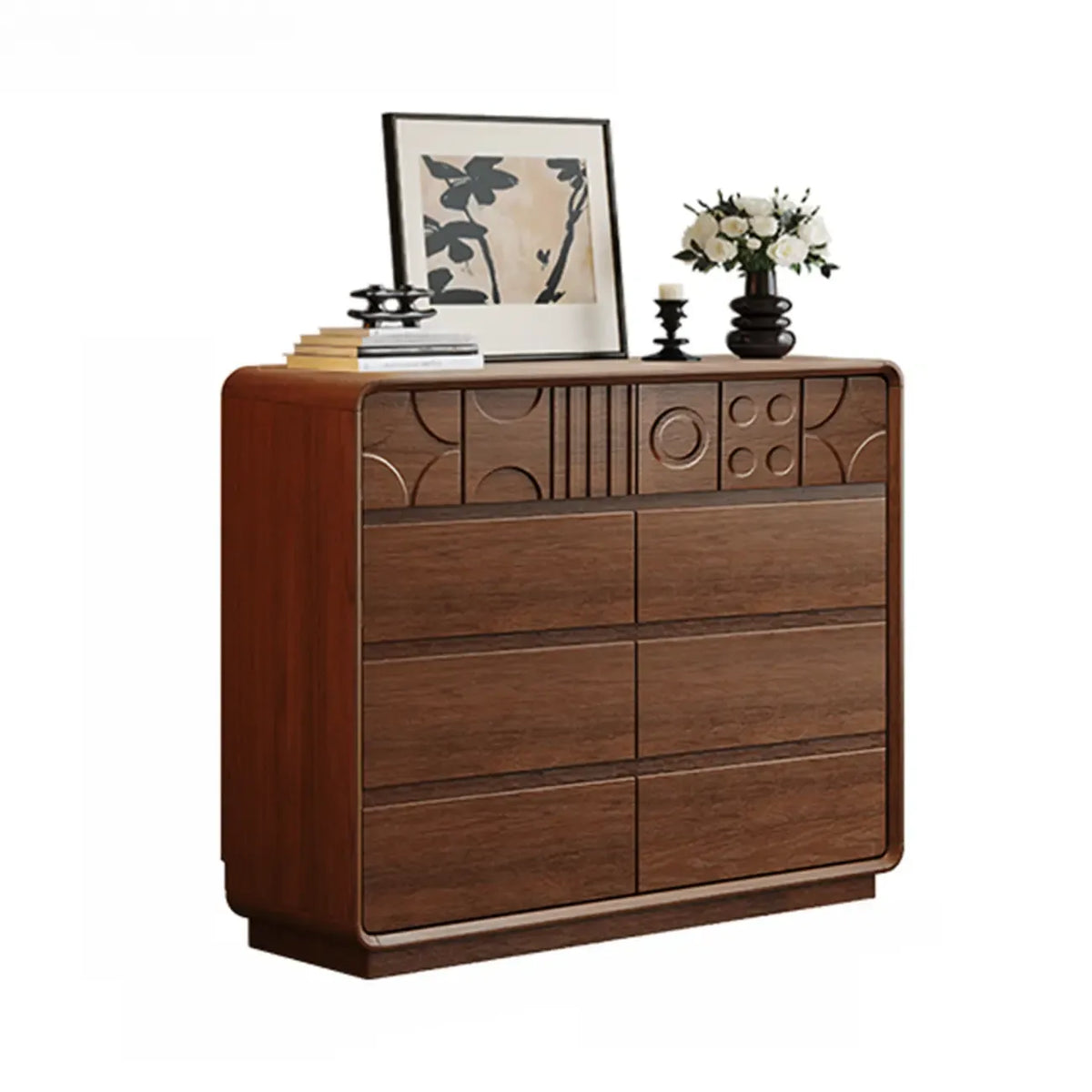 Houten ladekast geïnspireerd op art deco, met geometrisch snijwerk