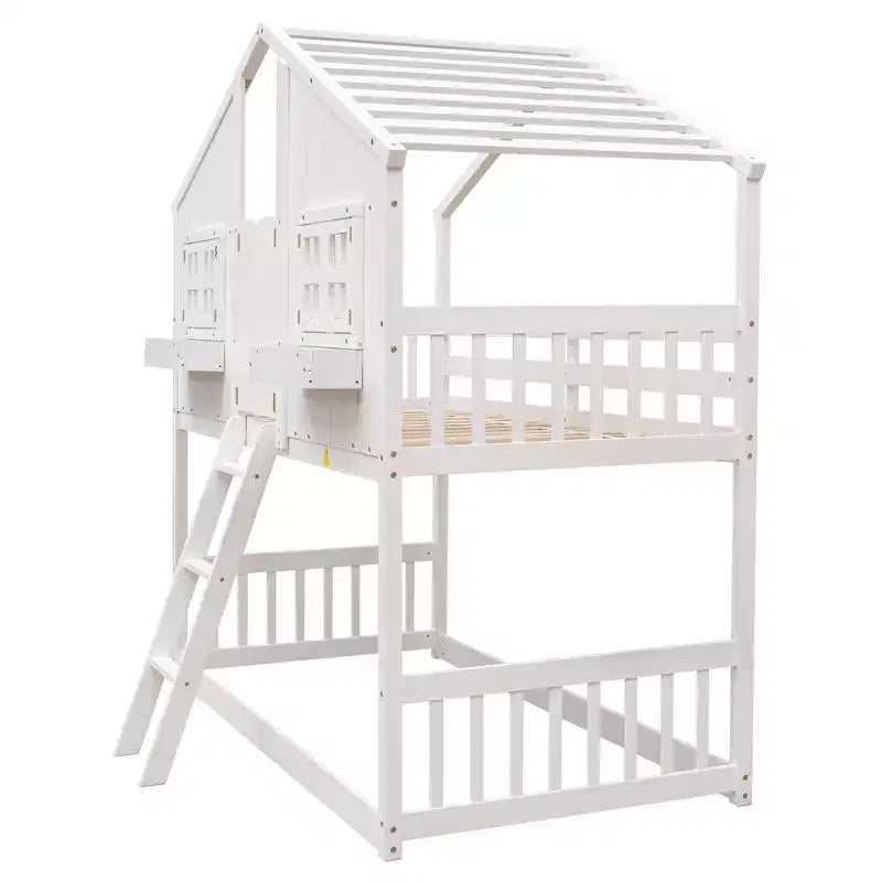 Letto a soppalco a forma di casetta per letto singolo, in legno, con scala e sponde di protezione per bambini