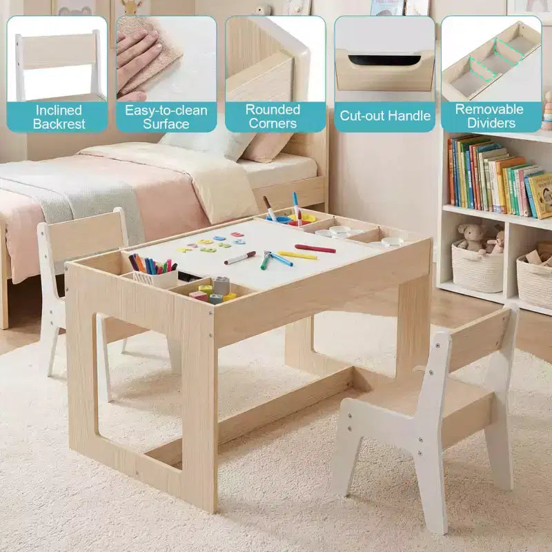 Costway multifunktionales Kindertisch- und 2-Stühle-Set mit abnehmbarer, doppelt großer Tischplatte, Grau + Weiß/Natur + Weiß