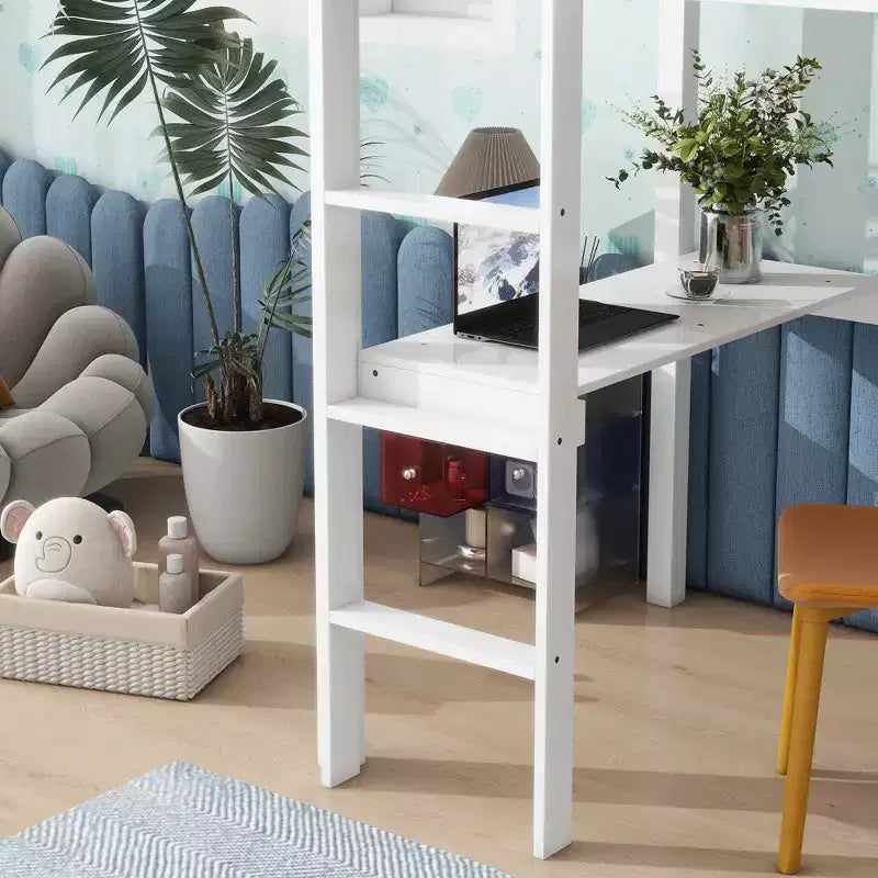 Okak minimalistisch hoogslaper met ladder, hoogslaper van rubberhout voor één persoon met veiligheidsreling en ingebouwd bureau, bedframes voor kinderen en tieners