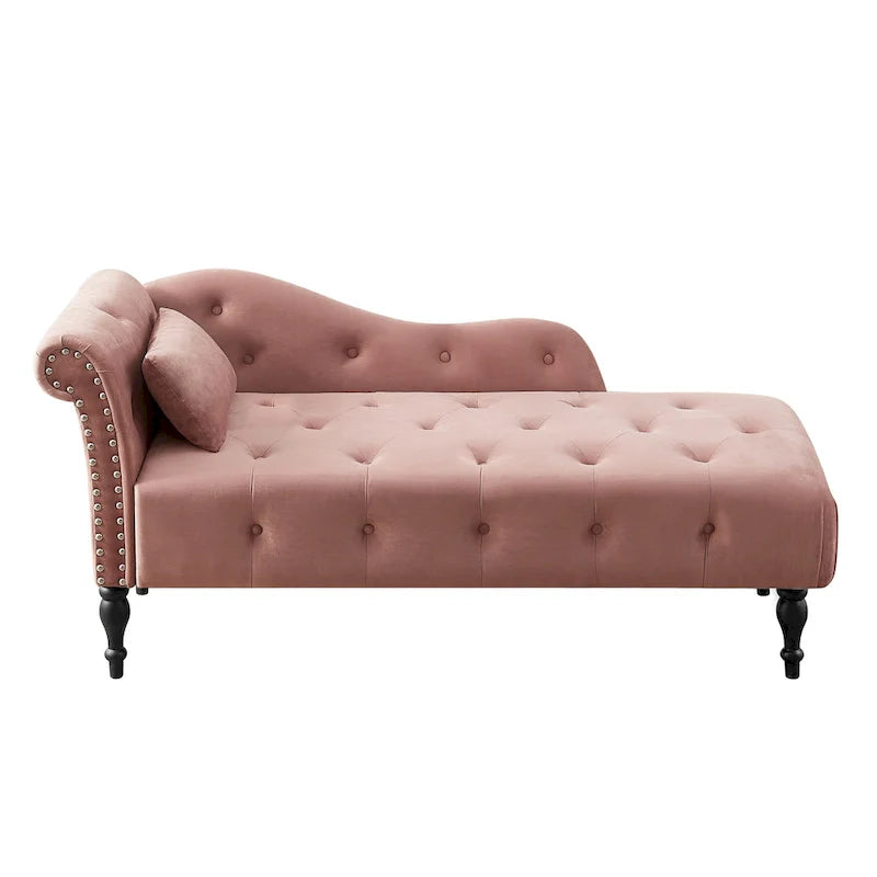 Moderne Chaiselongue, 60.6, mit Samtbezug, Knopfheftung, Beinen aus Massivholz und Ziernägeln