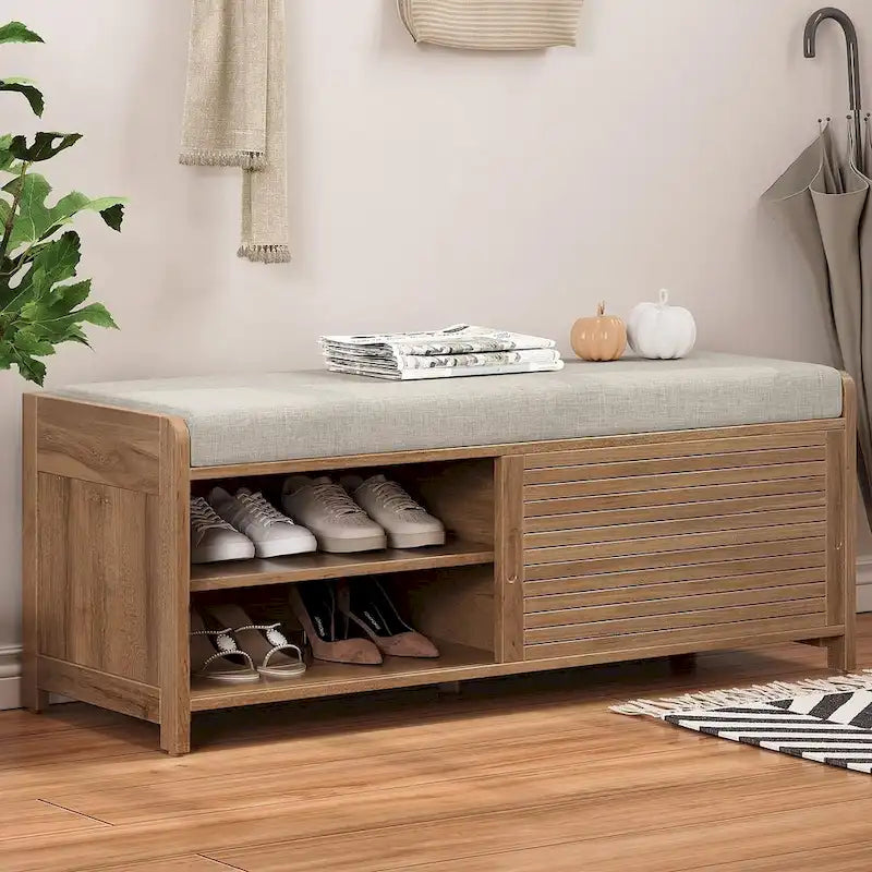 Banc de rangement en bois massif de 43.30 pouces avec persiennes vieillies contemporaines