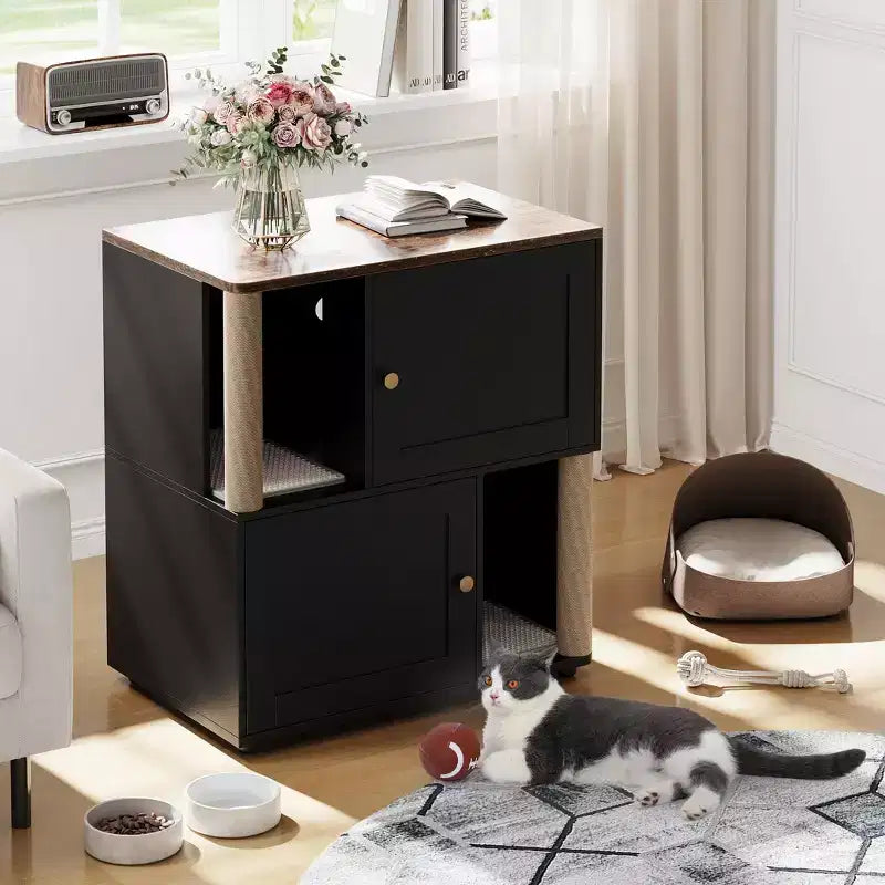 Katzentoiletten-Schrank mit zwei Bereichen, verstecktes geschlossenes Möbelstück für Katzentoiletten mit Kratzsäulen und doppellagigen Katzenstreumatten, Haustierhaus für den Innenbereich