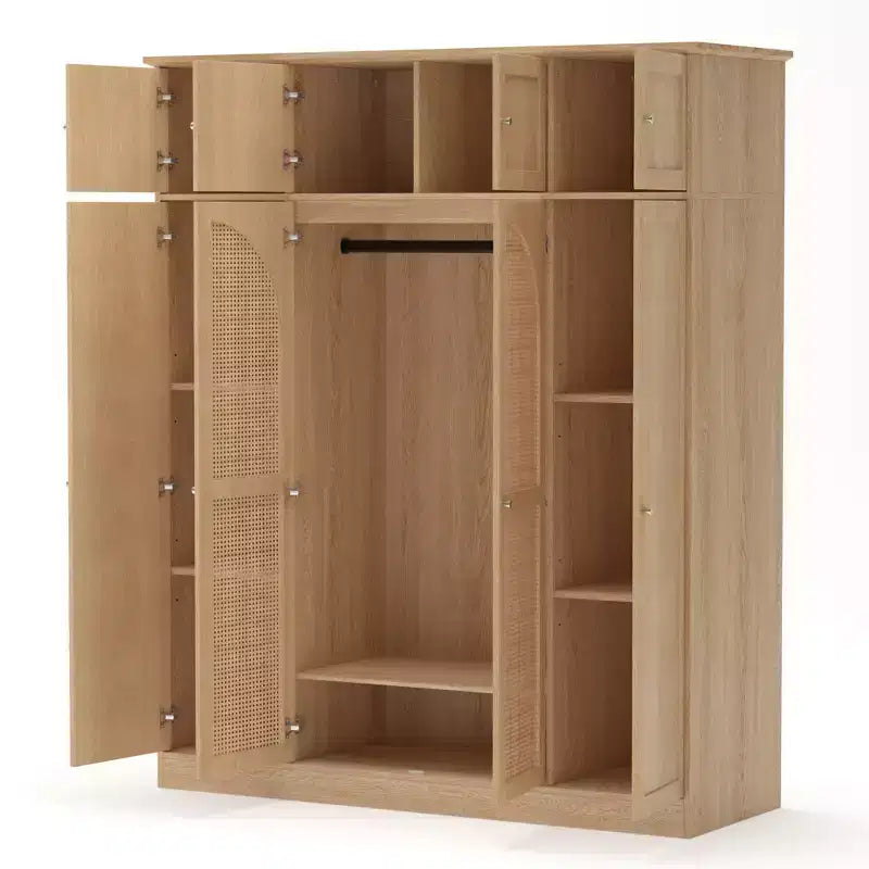 Grote kledingkast van 70.87 met 8 deuren, veel opbergruimte, kledingroede, verstelbare planken en decoratieve rotandeuren