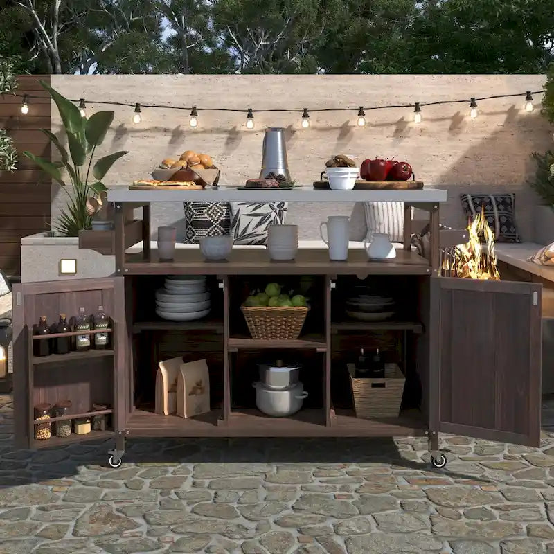 Outdoor-Kücheninsel, rollbarer Servierwagen und Aufbewahrungsschrank, Grilltisch aus Massivholz mit Edelstahlplatte, Gewürzregal, Handtuchhalter