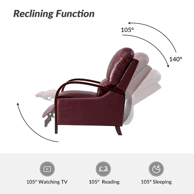 Alex handmatige relaxfauteuil van echt sigarenkleurig leer in mid-century moderne stijl, met gebogen houten armleuningen