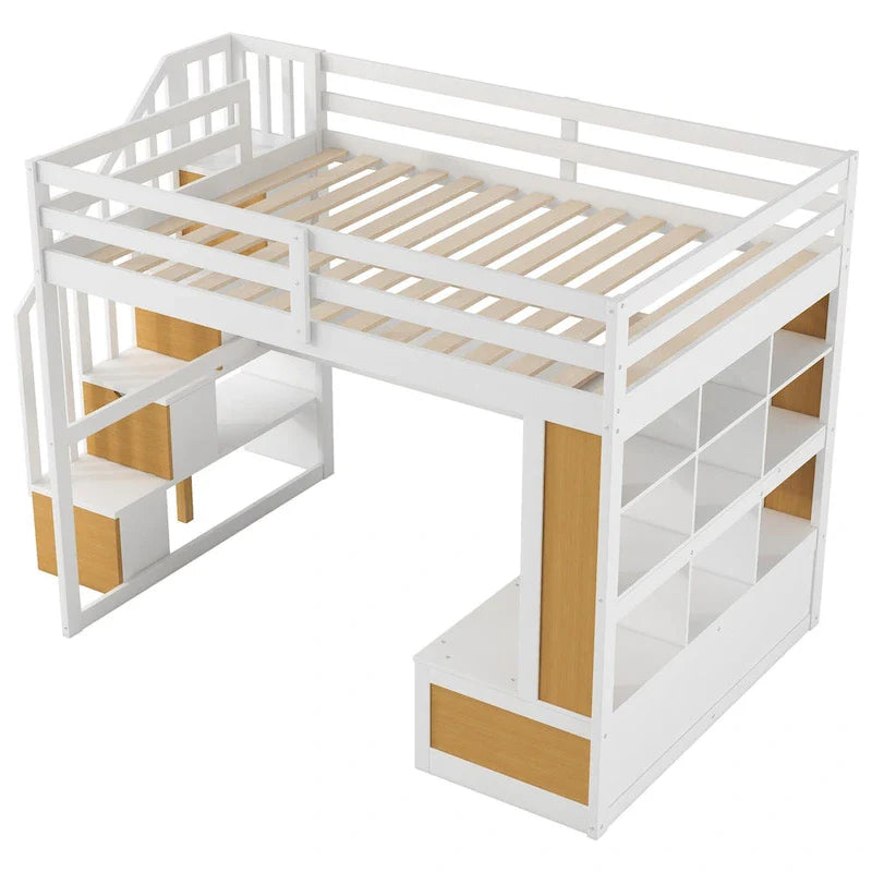 Letto a soppalco in legno massello, naturale e bianco, per letto matrimoniale piccolo, con scrivania e cassetti