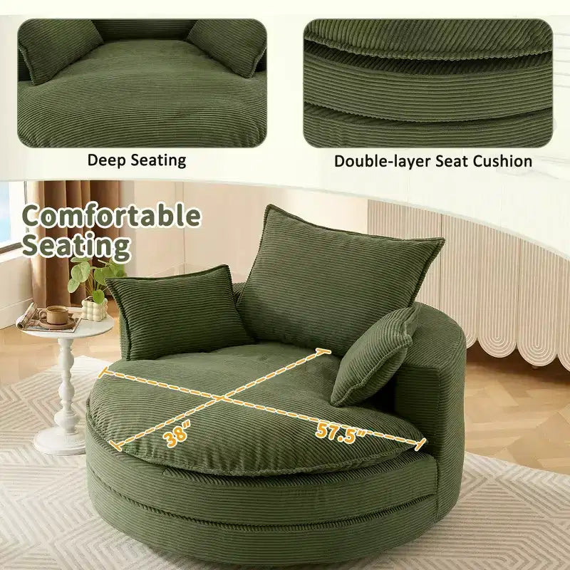 Fauteuil d’appoint pivotant à 360°, fauteuil tonneau rond pivotant avec coussin pour le salon