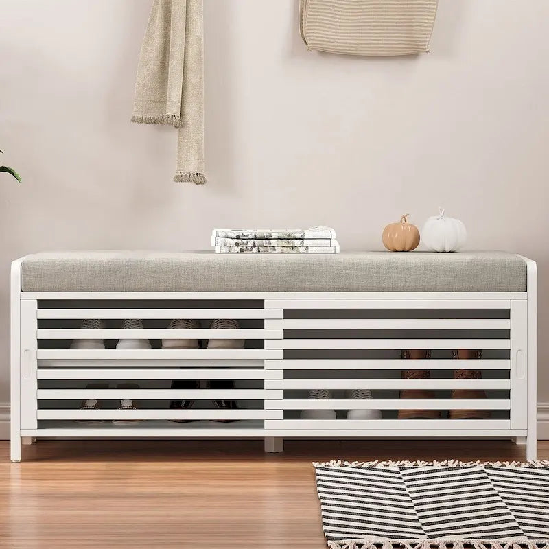 Banc de rangement en bois massif de 43.30 pouces avec persiennes vieillies contemporaines