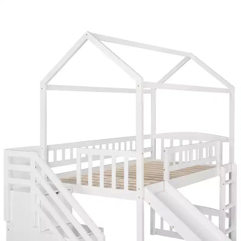 Halfhoogslaper in de vorm van een huis met glijbaan en trap, met opbergladen, houten hutbed voor kinderen en peuters