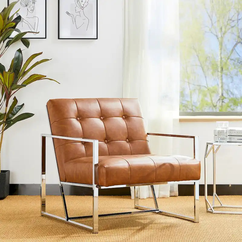 Glitzhome Akzentstuhl im Mid-Century-Stil, 30.50H, cremefarben, aus PU-Leder mit Knopfheftung und verchromtem Gestell
