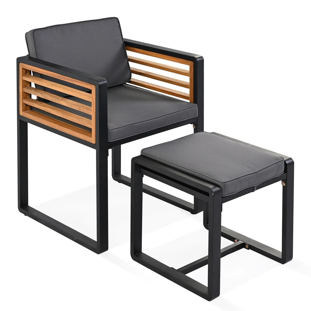 Eetset voor op het terras van acaciahout, 18-delig, met 8 stoelen met kussens, 8 ottomanen en 2 vierkante tafels