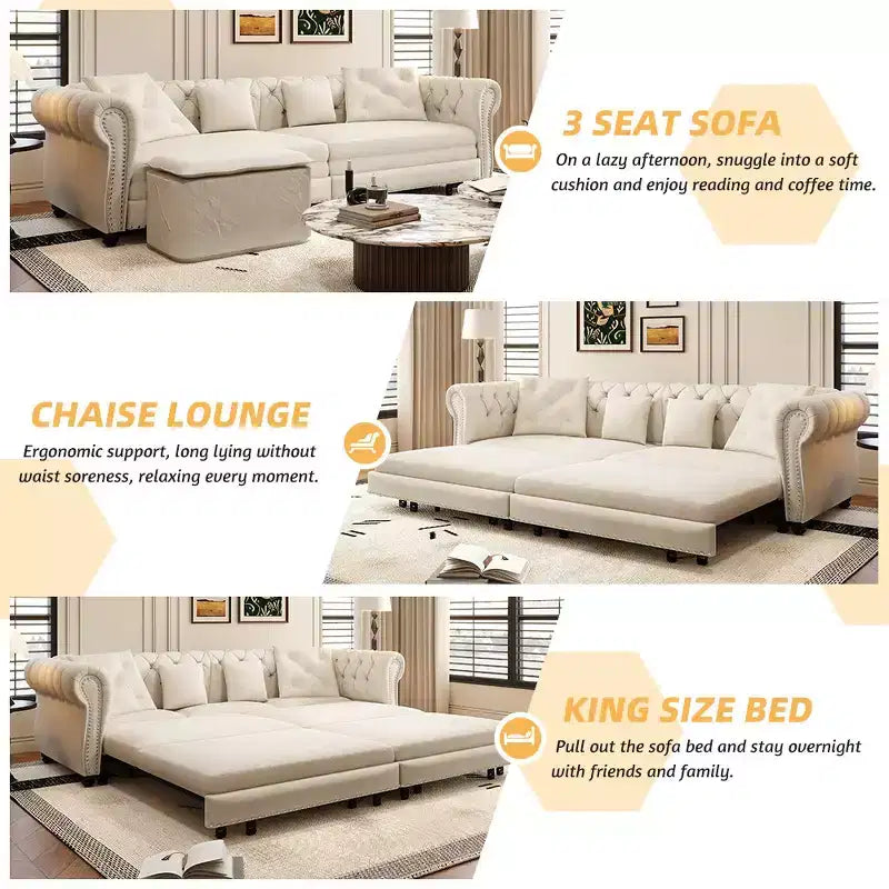 Canapé-lit convertible 3-en-1 Whisen en velours, format king size, avec pouf mobile, design capitonné